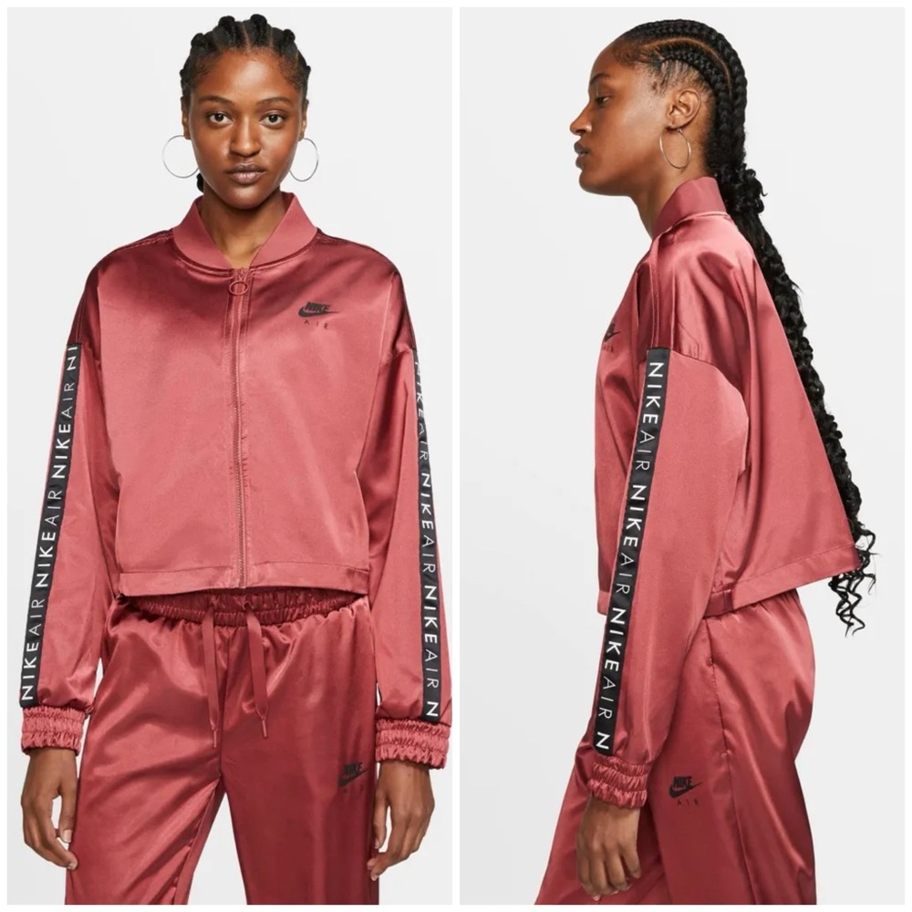 Nike Air Burgundy Satin Zip Up Cropped Loose Fit Track Bomber Jacket Size M